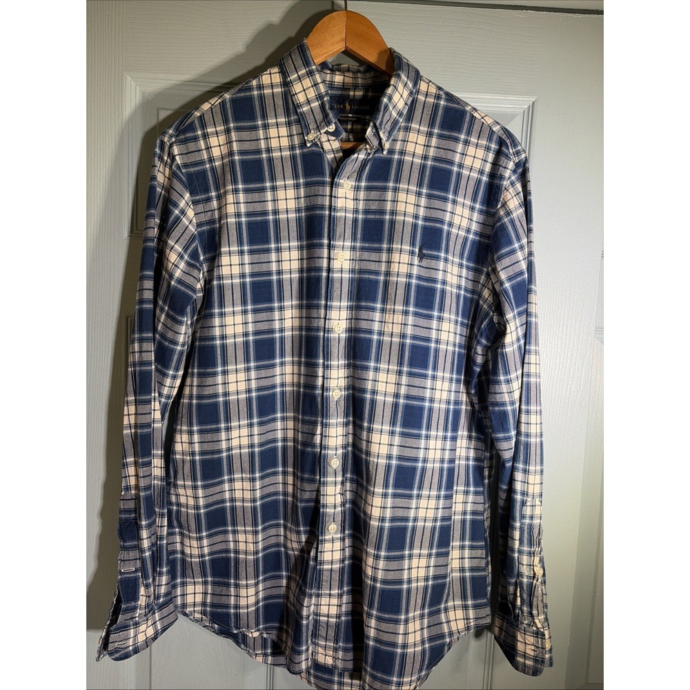 Ralph Lauren Blue Plaid Indigo Oxford Long Sleeve Button Down Shirt Size Medium